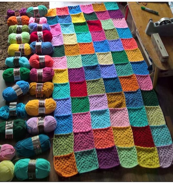 Colorful Handmade Granny Square Crochet Afghan Grannycore Blanket Size 83x41