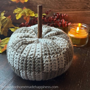May include: A crocheted pumpkin with a cinnamon stick stem. The pumpkin is gray and white and is sitting on a wooden surface. There are fall leaves and a candle in the background.