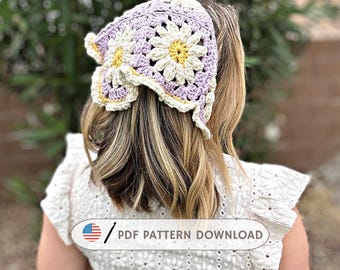 Daisy Bandana Crochet Pattern PDF | Granny Square Head Scarf | Flower Hair Bandana Pattern | Beginner Crochet Pattern | Child Adult Sizes
