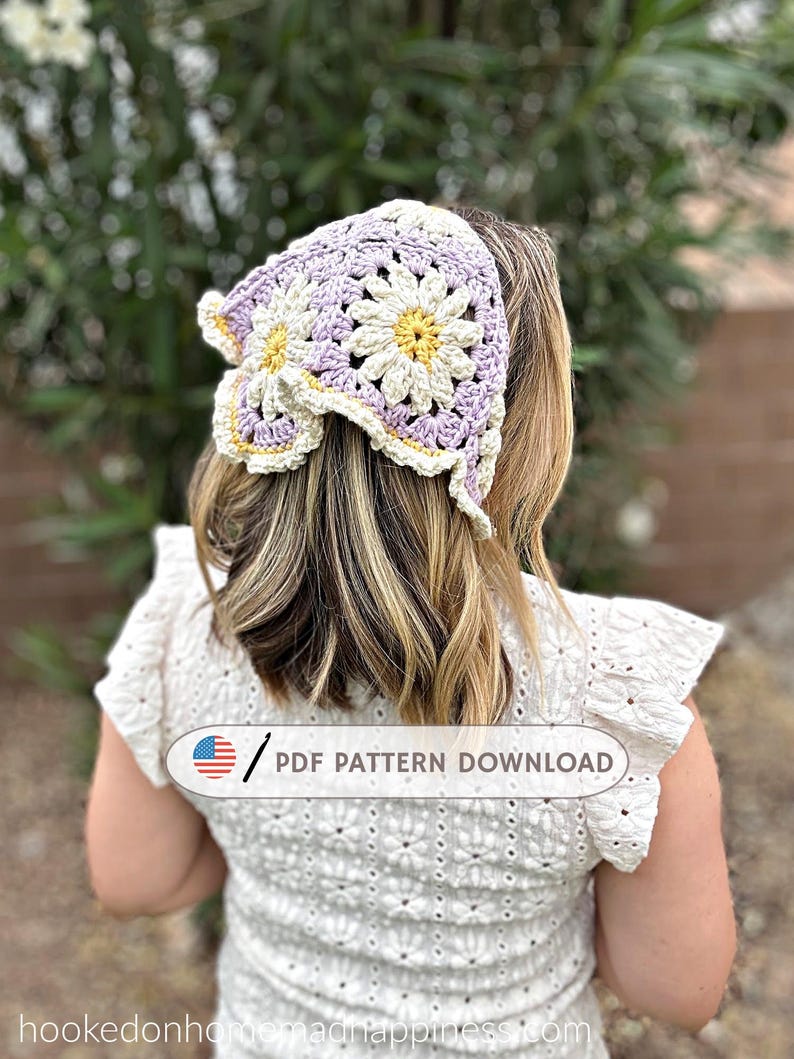 Daisy Granny Square Headscarf crochet bandana pattern listing photo by HookedHomemadeHappy