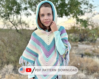 Easy Hooded Poncho Crochet Pattern PDF for Kid's | Beginner Poncho Pattern | Children's Hooded Wrap | Easy Crochet Hoodie