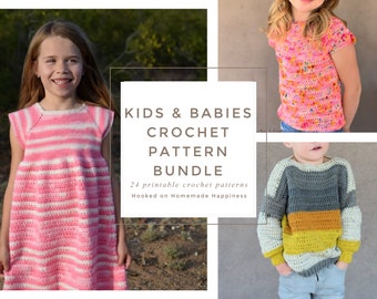 May include: A collection of 24 printable crochet patterns for kids and babies. The patterns include a pink and white striped dress, a pink crochet top, and a gray, yellow, and white striped sweater. The text "Kids & Babies Crochet Pattern Bundle" is displayed on a white background.