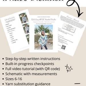 May include: A beige graphic with the text "what's included" and a list of features for a crochet poncho pattern. The pattern includes step-by-step instructions, video tutorials, and size options from 6-16.