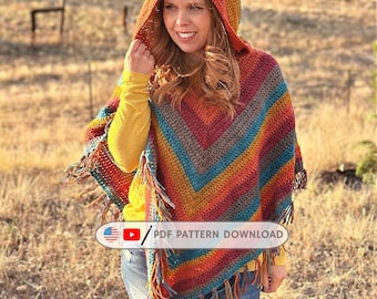 Einfacher Kapuzen Poncho Häkelanleitung PDF | Anfänger Muster | Alle Stäbchen | Frauen Kapuzen Wrap | Leichtes, gehäkeltes Hoodie