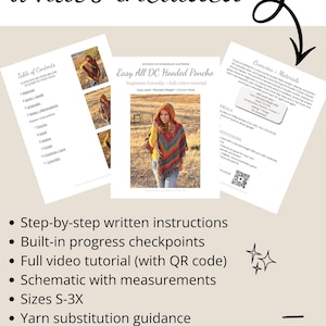May include: A collection of printed pages with the text "Easy All DC Hooded Poncho" and "what's included". The pages include a table of contents, instructions, and a schematic. Bullet points list features like video tutorials and size options.