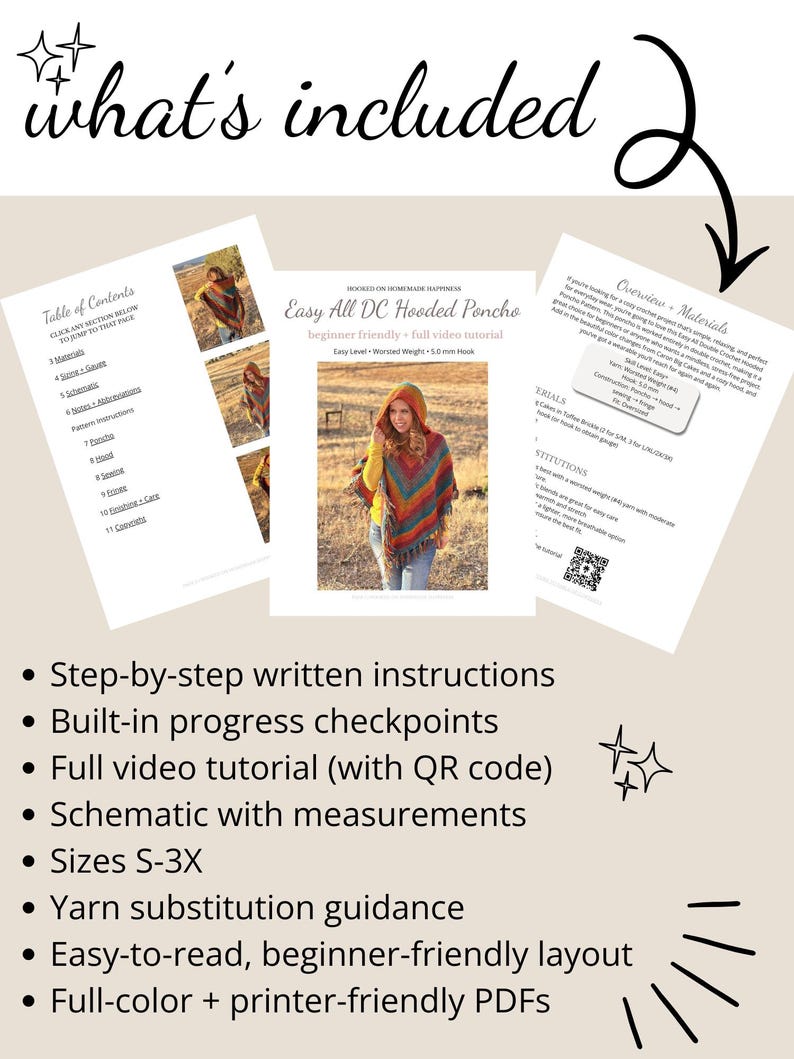 May include: A collection of printed pages with the text "Easy All DC Hooded Poncho" and "what's included". The pages include a table of contents, instructions, and a schematic. Bullet points list features like video tutorials and size options.
