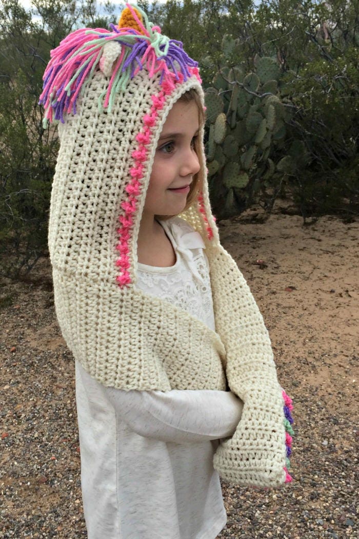 Free crochet pattern for clearance unicorn hooded scarf with pockets