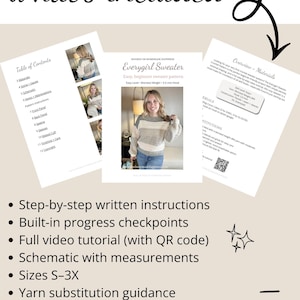 Puede incluir: Una p&aacute;gina de producto de descarga digital con el texto "qu&eacute; est&aacute; incluido" y una lista de caracter&iacute;sticas. La p&aacute;gina incluye una foto de una mujer con un su&eacute;ter y el texto "Everygirl Sweater" con detalles sobre el patr&oacute;n, incluyendo tallas S-3X.