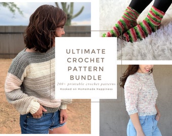 May include: A collage of images featuring crochet patterns. The top image shows a woman wearing a striped crochet sweater. The middle image shows the text "ULTIMATE CROCHET PATTERN BUNDLE 200+ printable crochet patterns Hooked on Homemade Happiness". The bottom image shows a woman wearing a colorful crochet sweater.