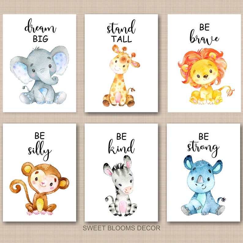 Safari Animals Nursery Wall Art Stand Tall Be Strong Brave Kind Dream Big Neutral Watercolor Lion Monkey Elephant PRINTS OR CANVAS C899