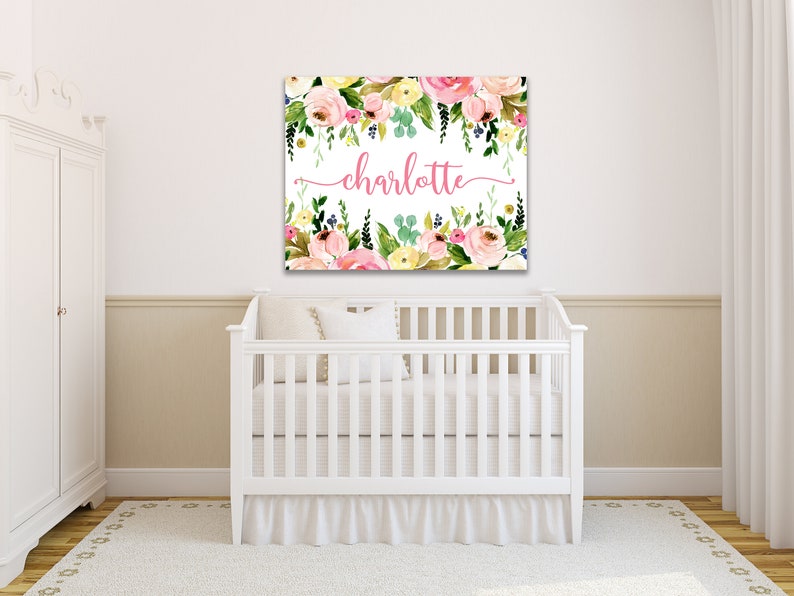 Floral Girl Nursery Name Wall Art Sign Blush Pink Coral Watercolor ...