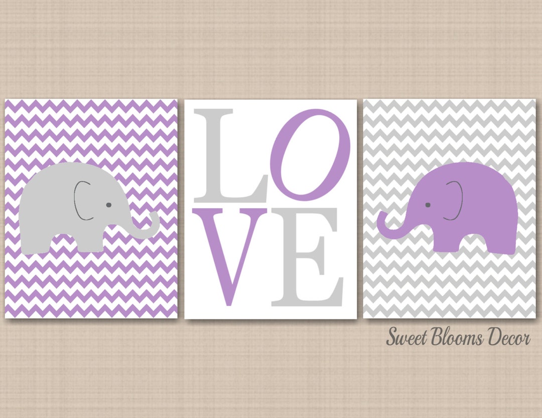 Elephants Nursery Wall Art Purple Lavender Gray Chevron Love Baby Girl