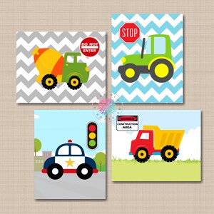 Transportation Nursery Wall Art Kids Room Decor Construction Trucks Traffic Signs Police Car Dump Truck  Mixer Tractor PRINTS or CANVAS C542