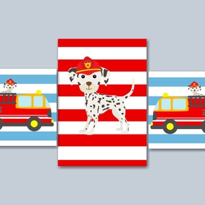 Fire Trucka Nursery Wall Art Decor Dalmation Dog Red Blue Baby Bedroom Decor Baby Shower Gift Twins Brothers Bedroom PRINTS or CANVASC160