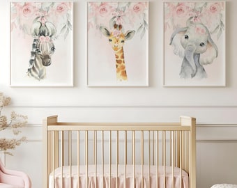 Safari Animals Floral Wall Art, Blush Pink  Flowers Modern Boho Gift Baby Room Nursery Decor, Elephant Zebra Giraffe PRINTS OR CANVAS C990