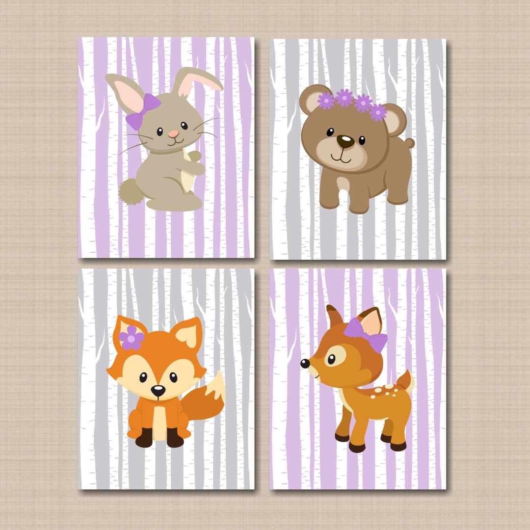 Woodland Girl Nursery Wall Art Flowers Bows Purple Graybirch Trees ...