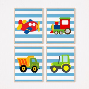 Transportation Nursery Wall Art Bedroom Decor plane, train, dump truck, and tractor Blue Stripes  Boy Bedroom Decor  PRINTS or CANVAS C730