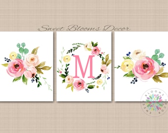 Floral Nursery Wall Art Watercolor Flowers Pink Coral Girl Bedroom Decor Roses Wall Art Monogram Name  Decor Office PRINTS or CANVAS C768