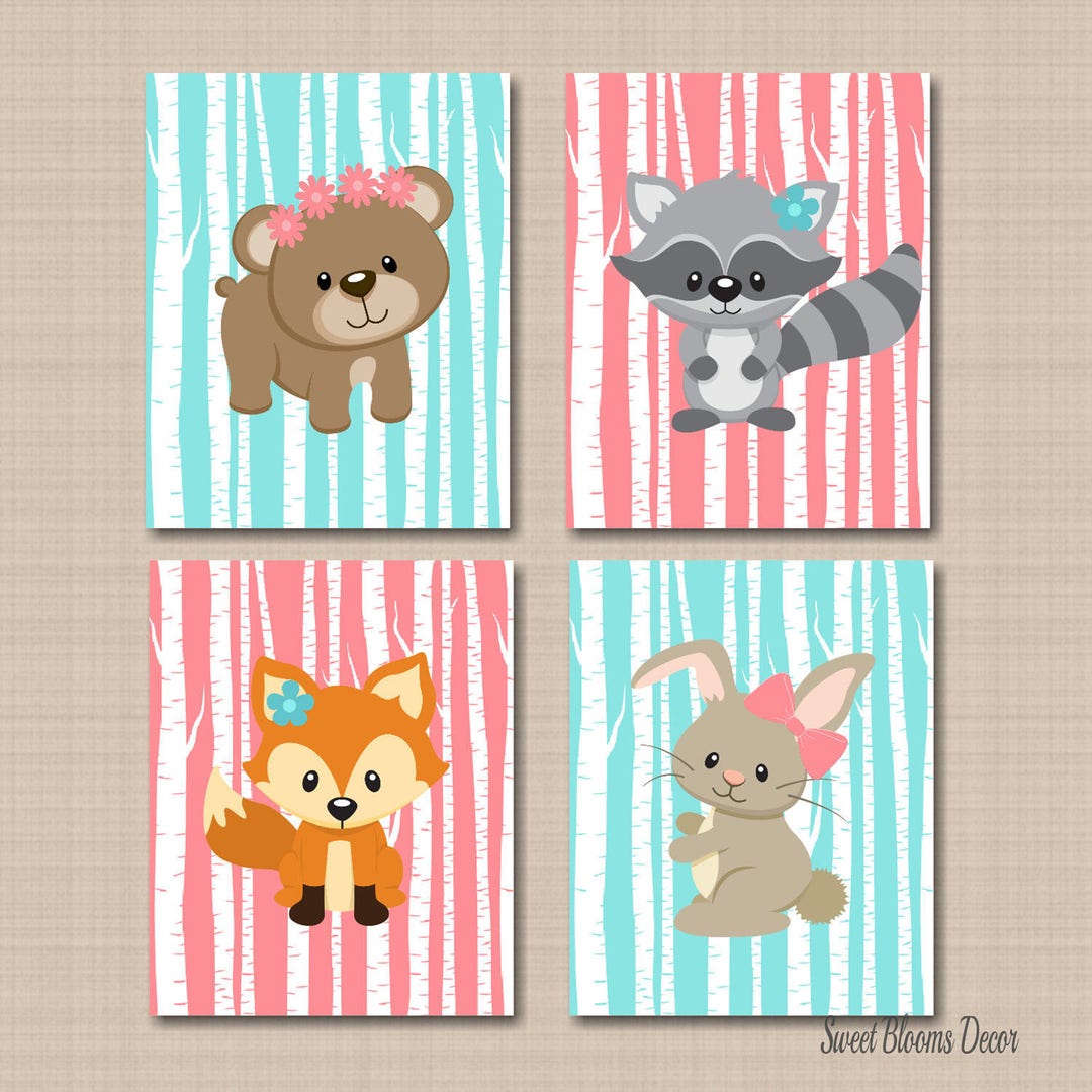 Woodland Girl Nursery Wall Art Teal Coral Floral Woodland Animals Baby ...