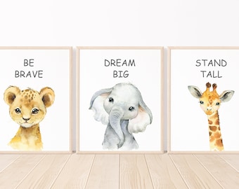 May include: Three framed prints with watercolor illustrations of a lion, elephant, and giraffe. The prints have inspirational messages: "Be Brave", "Dream Big", and "Stand Tall".