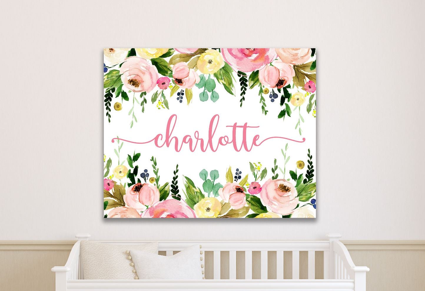 Floral Girl Nursery Name Wall Art Sign Blush Pink Coral Watercolor ...