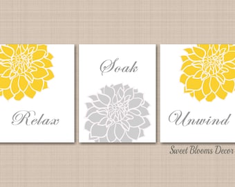 Yellow Gray Floral Bathroom Wall Art Yellow Gray Bathroom Decor Yellow Gray Home Decor Relax Soak Unwind Prints PRINTS or CANVAS  F102