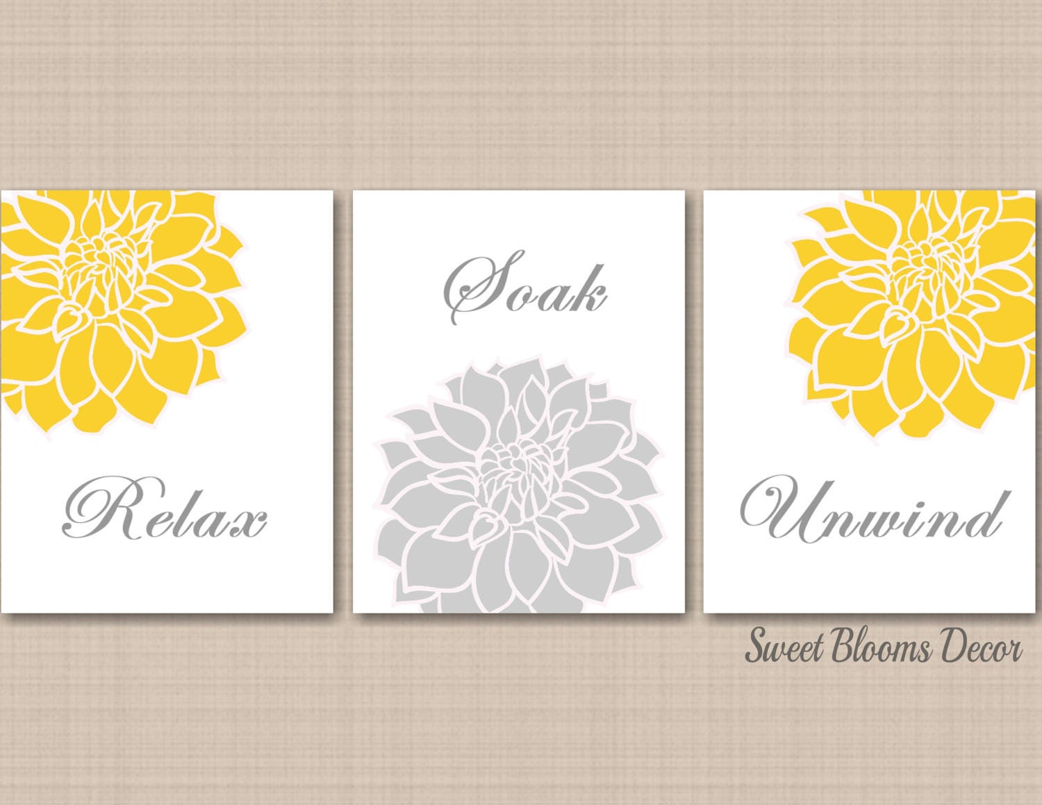 Yellow Gray Floral Bathroom Wall Art Yellow Gray Bathroom Etsy