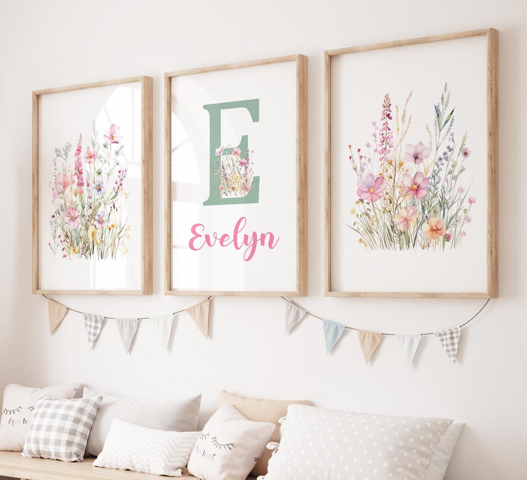 Wildflower Nursery Wall Art, Personalized Wildflower Name Prints, Blush ...