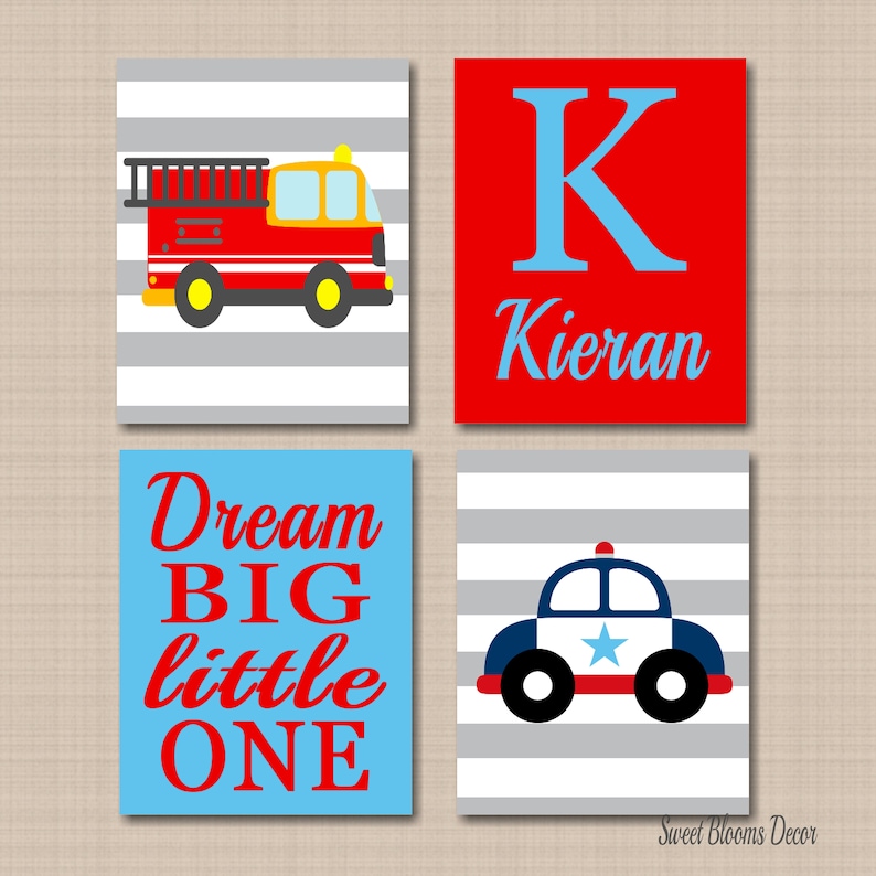 Fire Truck Boy Room Wall Art Red Navy Blue Gray Dream Big Little One Baby Boy Nursery Wall Decor Firetruck Wall Art Baby Nursery Decor Print Set Of 4 Unframed Prints Handmade