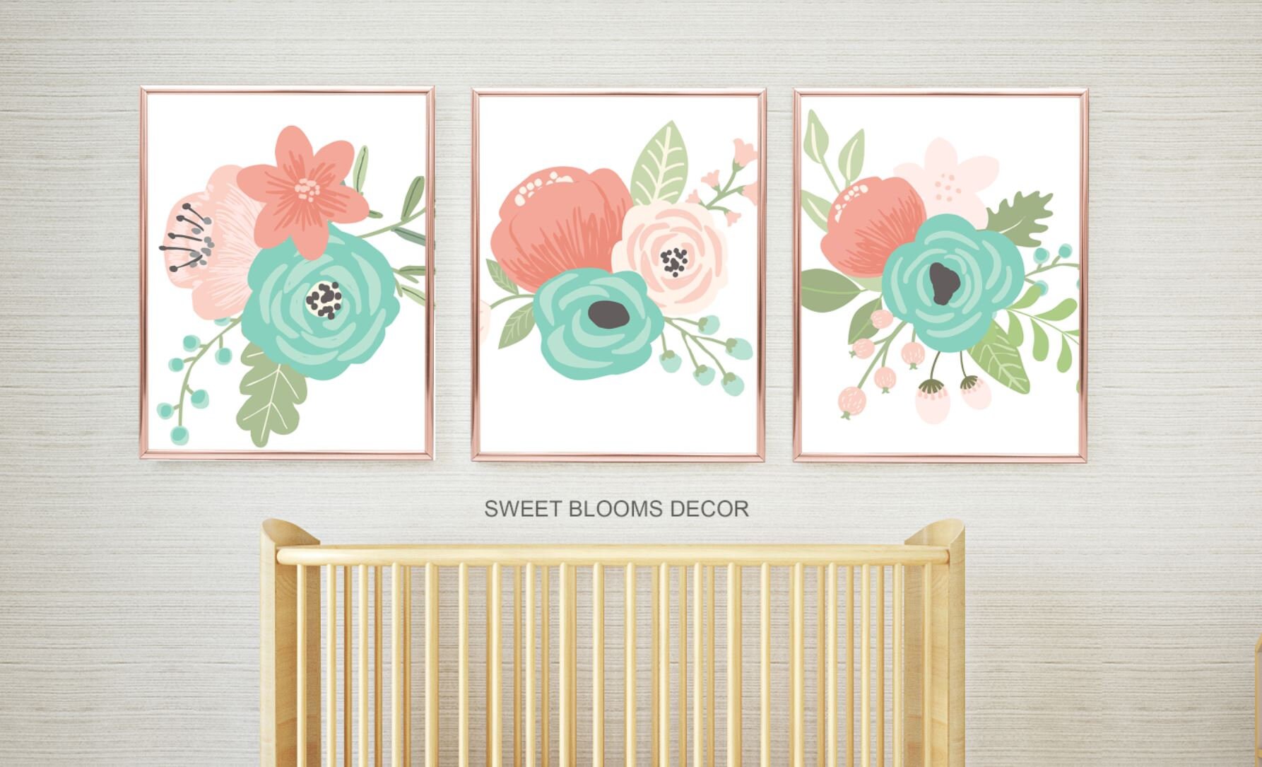 Floral Nursery Wall Art Coral Teal Aqua Mint Girl Bedroom Decor Flowers Bathroom Wall Art Guest Bedroom Decor Prints Or Canvas C808