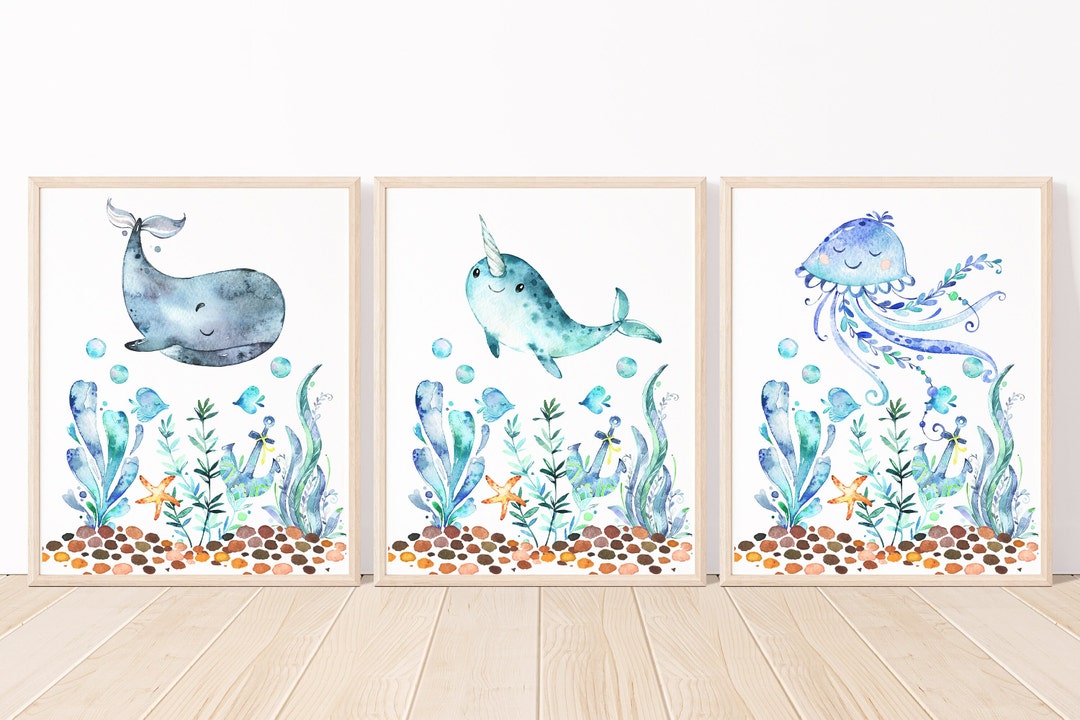 Sea Animals Nursery Wall Art, Whale Narwhale Jelly Fish Under the Sea ...