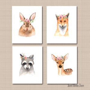 Woodland Girl Nursery Wall Art Woodland Wall Decor Boho Coral Blush Pink Floral Decor Bunny Deer Fox Raccoon Modern Baby Shower C547 bild 1