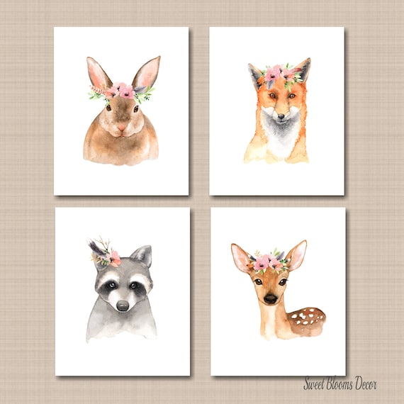 Woodland Girl Nursery Wall Art Woodland Wall Decor Boho Coral Blush Pink Floral Decor Bunny Deer Fox Raccoon Modern Baby Shower C547