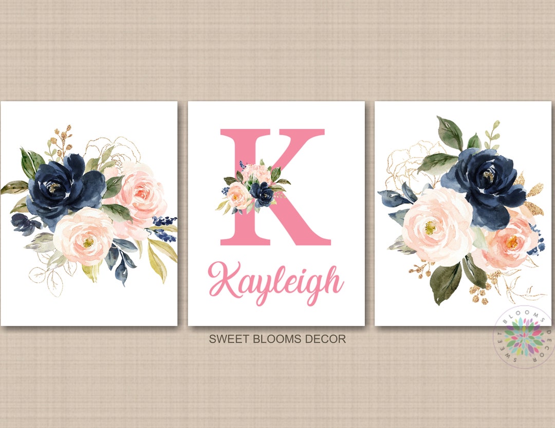Floral Girl Nursery Wall Art Watercolor Pink Coral Blush Navy Blue ...