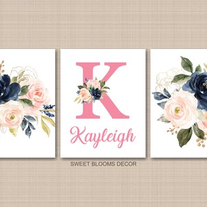 Floral Girl Nursery Wall Art Watercolor Pink Coral Blush Navy Blue ...