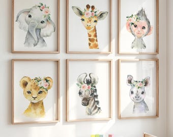 Safari Animals Floral Wall Art, Watercolor Animals Blush Pink Flowers,  Safari Baby Animal Prints, Animals Print , Flower Crown Animals C818