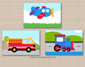Transportation Nursery Wall Art Airplane Planes Fire Truck Train Kids Bedroom Decor Boy Romm Wall Art PRINTS or CANVAS C932