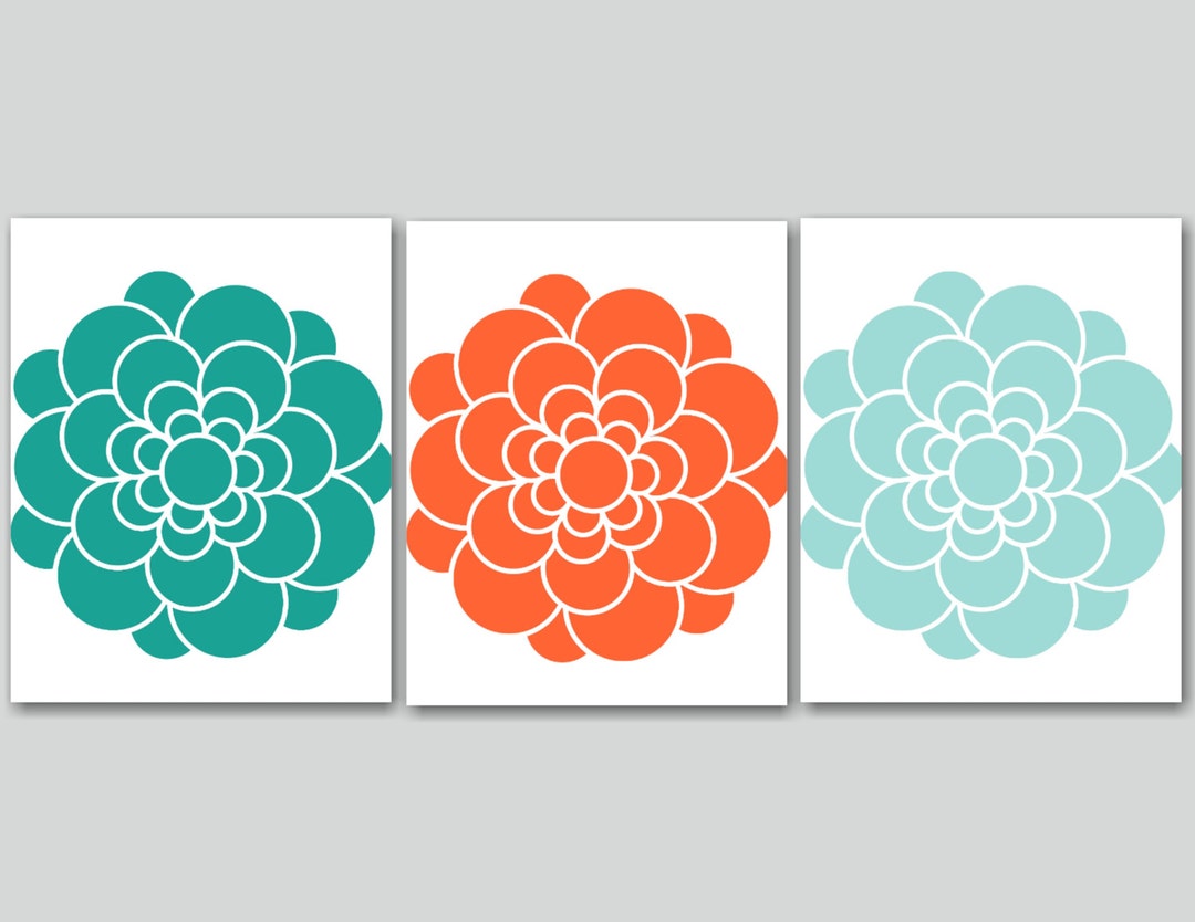 Modern Wall Art,orange Aqua Teal Wall Art, Orange Floral Wall Art