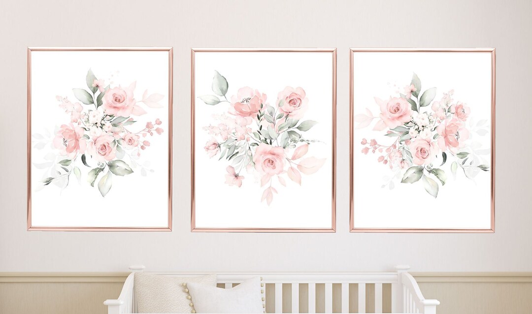 Floral Nursery Wall Art, Blush Pink Flowers Baby Nursery Bedroom Decor ...