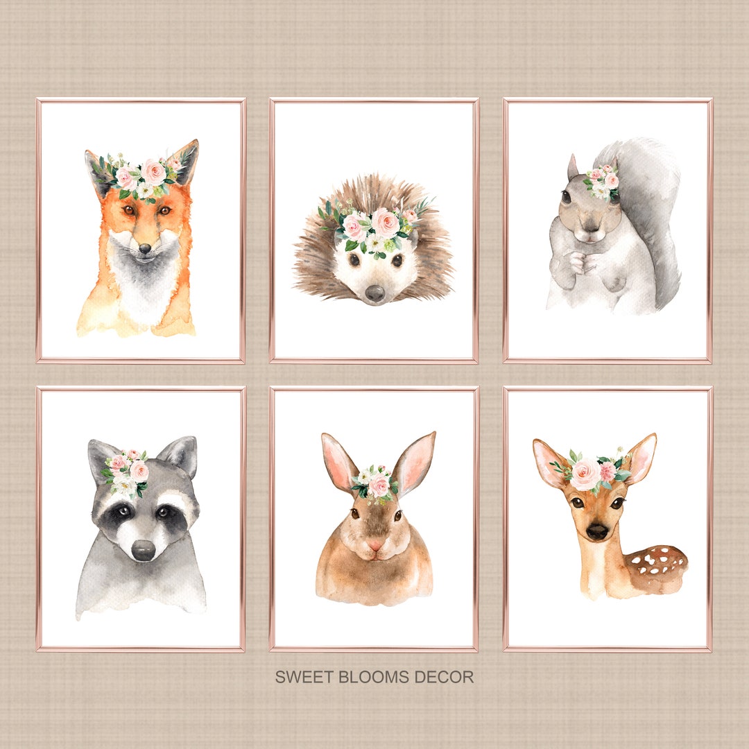 Woodland Animals Girl Nursery Wall Art Watercolor Pink Coral Blush ...