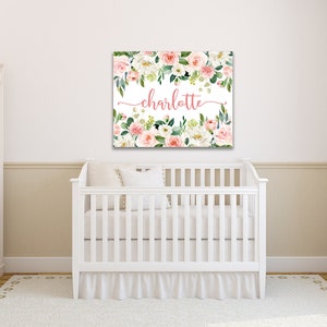 Floral Girl Nursery Name Wall Art Blush Pink Coral Watercolor Flowers ...