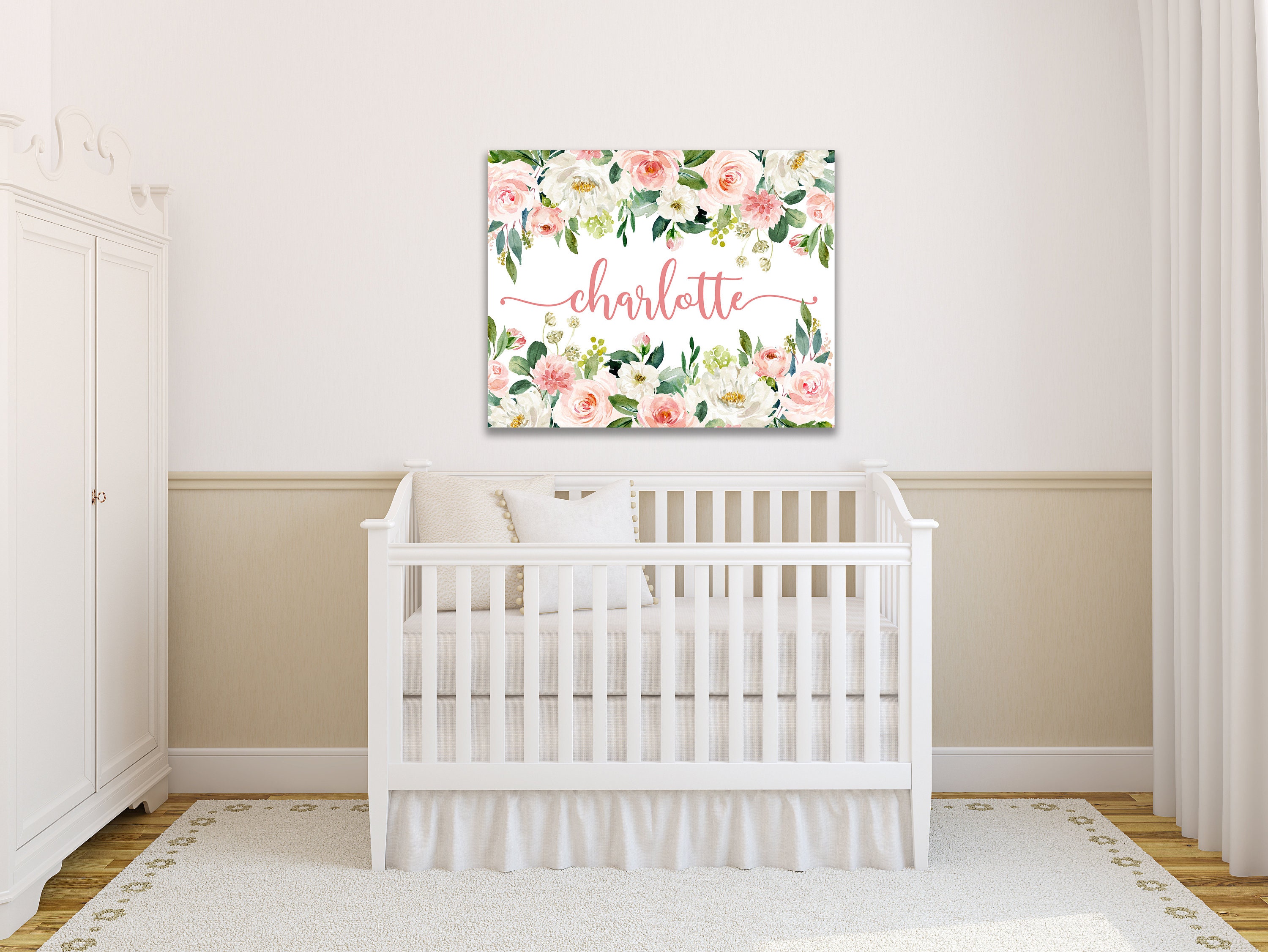 Floral Girl Nursery Name Wall Art Blush Pink Coral Watercolor Flowers ...