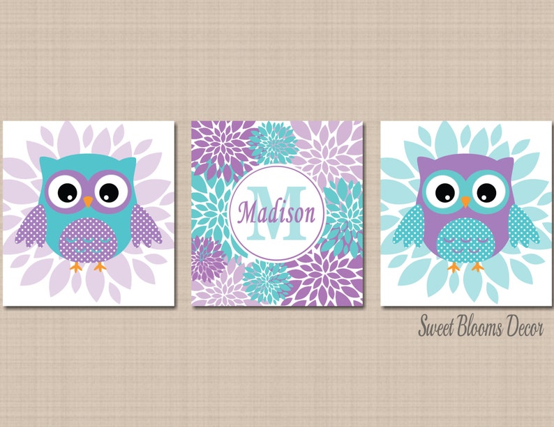 Owls Nursery Wall Art Teal Purple Lavender Flowers Floral Owl - Etsy
