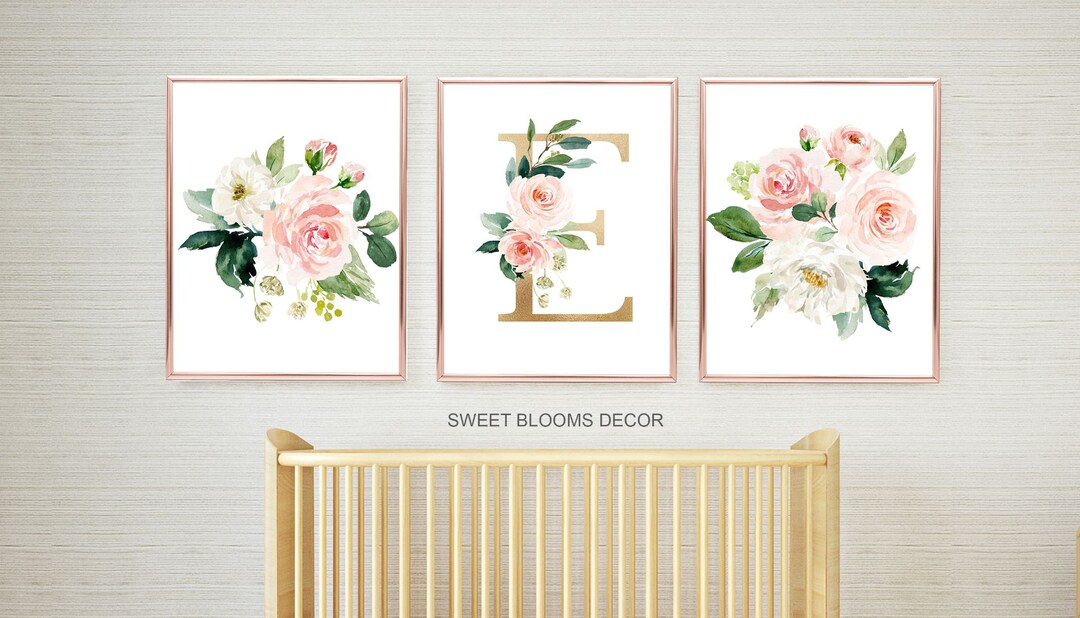 Floral Girl Nursery Wall Art Watercolor Pink Coral Blush Flowers Modern ...