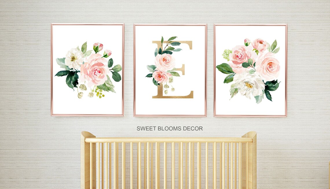 Floral Girl Nursery Wall Art Watercolor Pink Coral Blush Flowers Modern ...