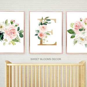 Floral Girl Nursery Wall Art Watercolor Pink Coral Blush Flowers Modern ...