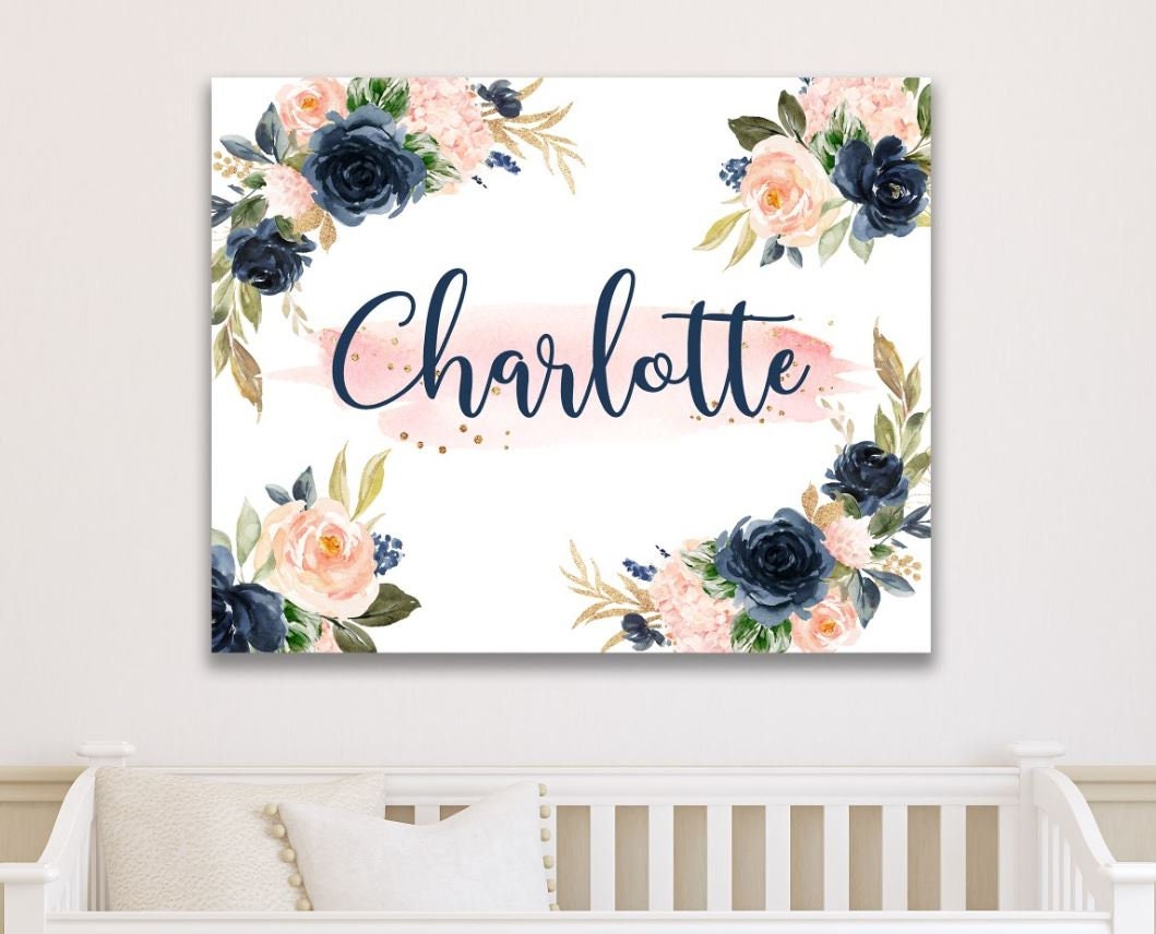 Floral Girl Nursery Wall Art Watercolor Pink Coral Blush Navy Blue Gold ...