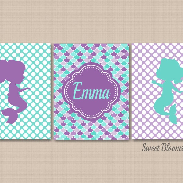 Mermaids Nursery Wall Art Purple Teal Aqua Girl Bedroom Decor Scales Polka dots Name Monogram Girl BEdroom Decor Twins  PRINTS or CANVASC341