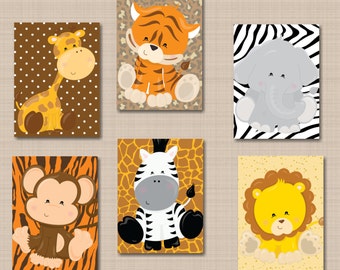 Safari Animals Nursery Wall Art Decor Jungle Animals Nursery Wall Art Brown Gray Baby Bedroom Neutral Boy Girl Baby Shower Gift  C264