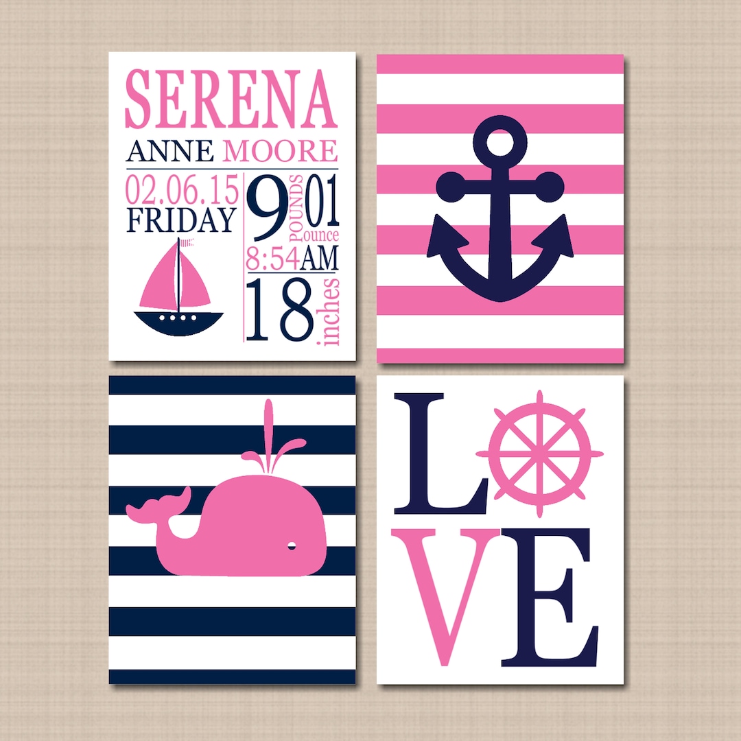 Nautical Girl Nursery Decor Wall Art Pink Navy Blue Boat Etsy